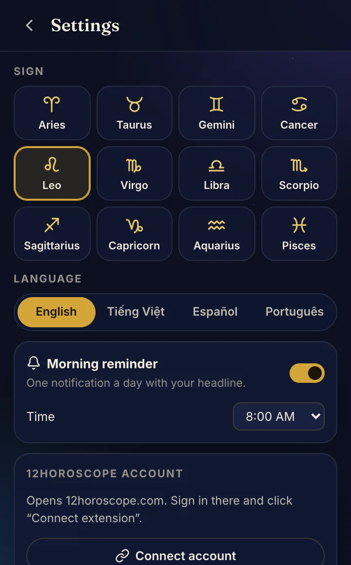 Settings: sign, language and morning reminder