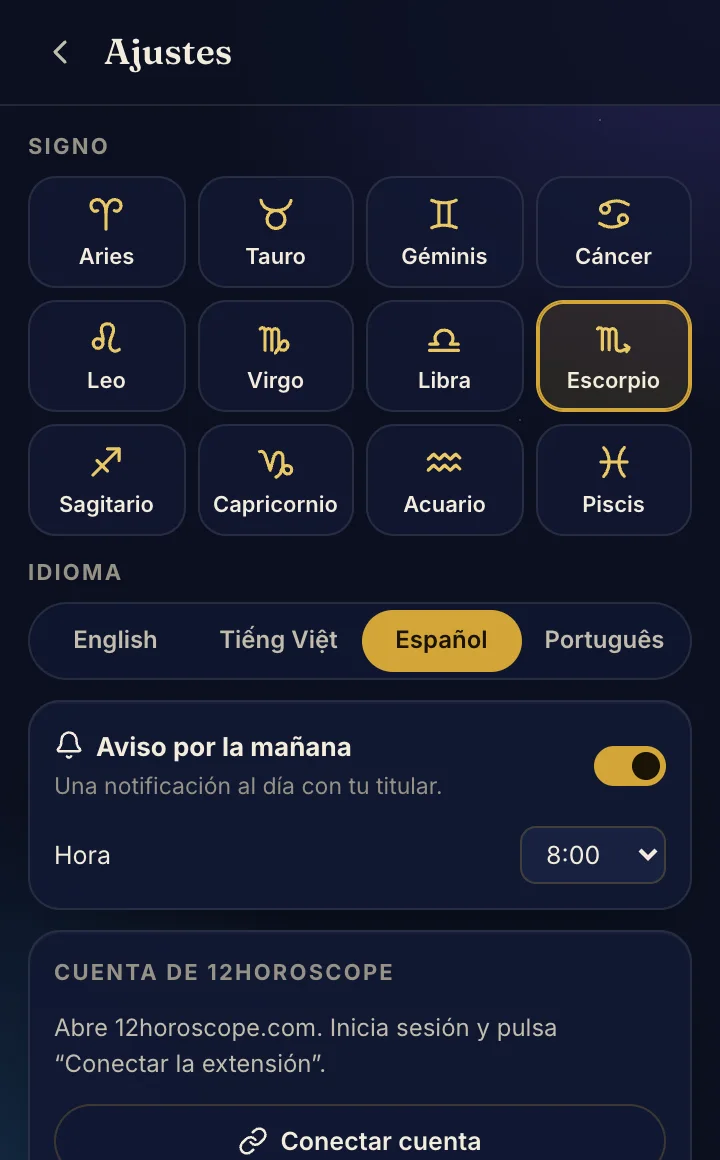 Ajustes: signo, idioma y aviso matutino