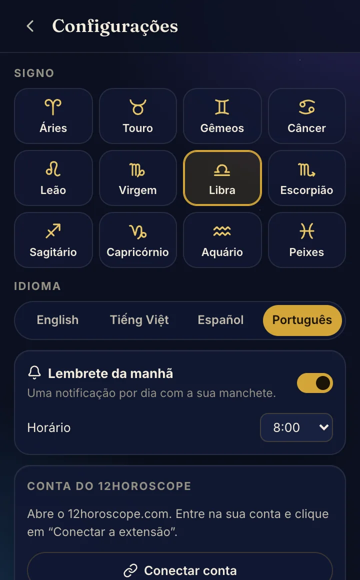 Configurações: signo, idioma e lembrete da manhã