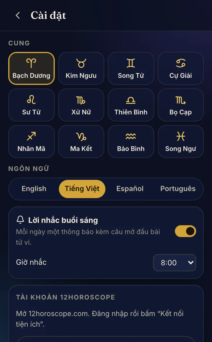 Cài đặt: cung, ngôn ngữ và giờ nhắc buổi sáng